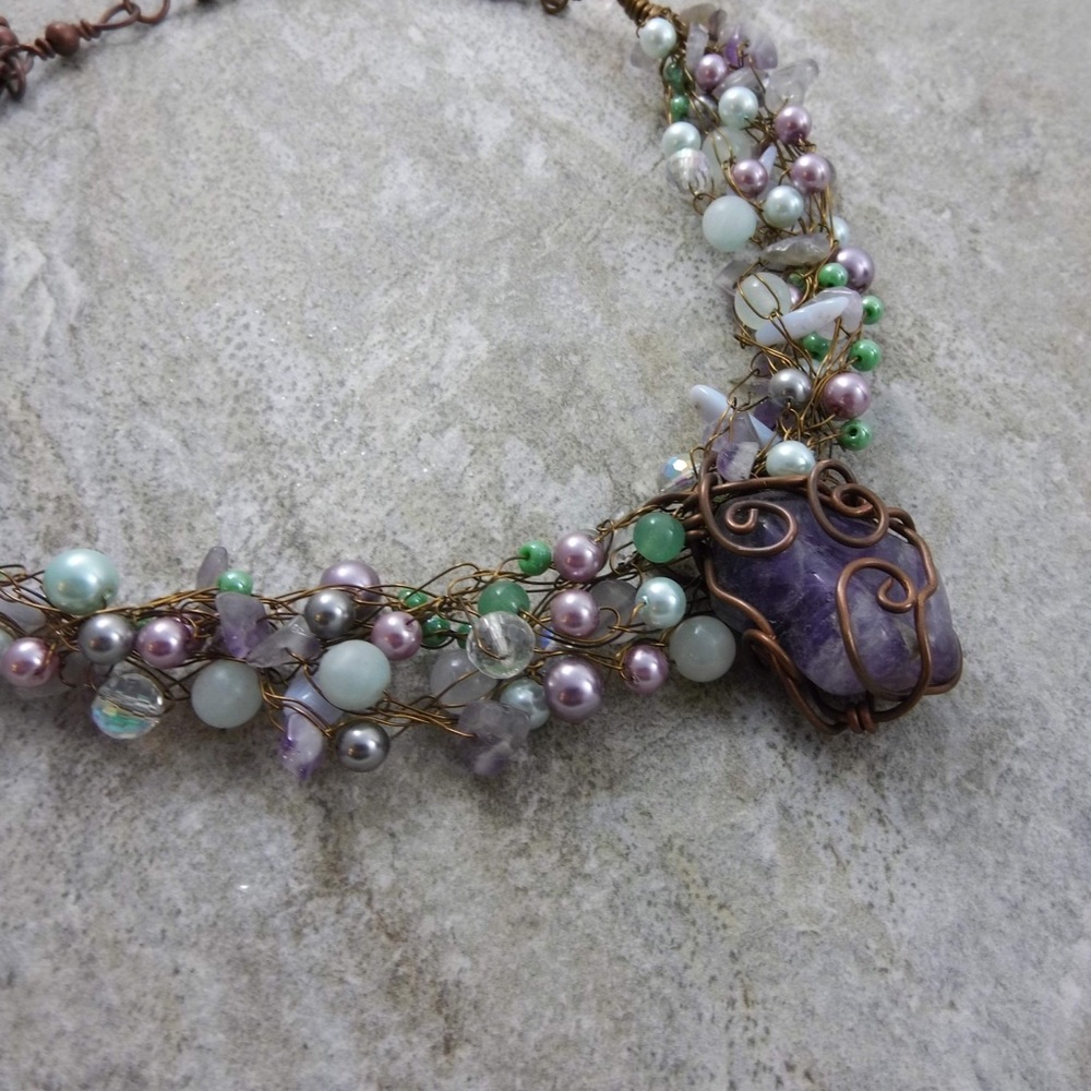 Amethyst necklace with crocheted copper wire